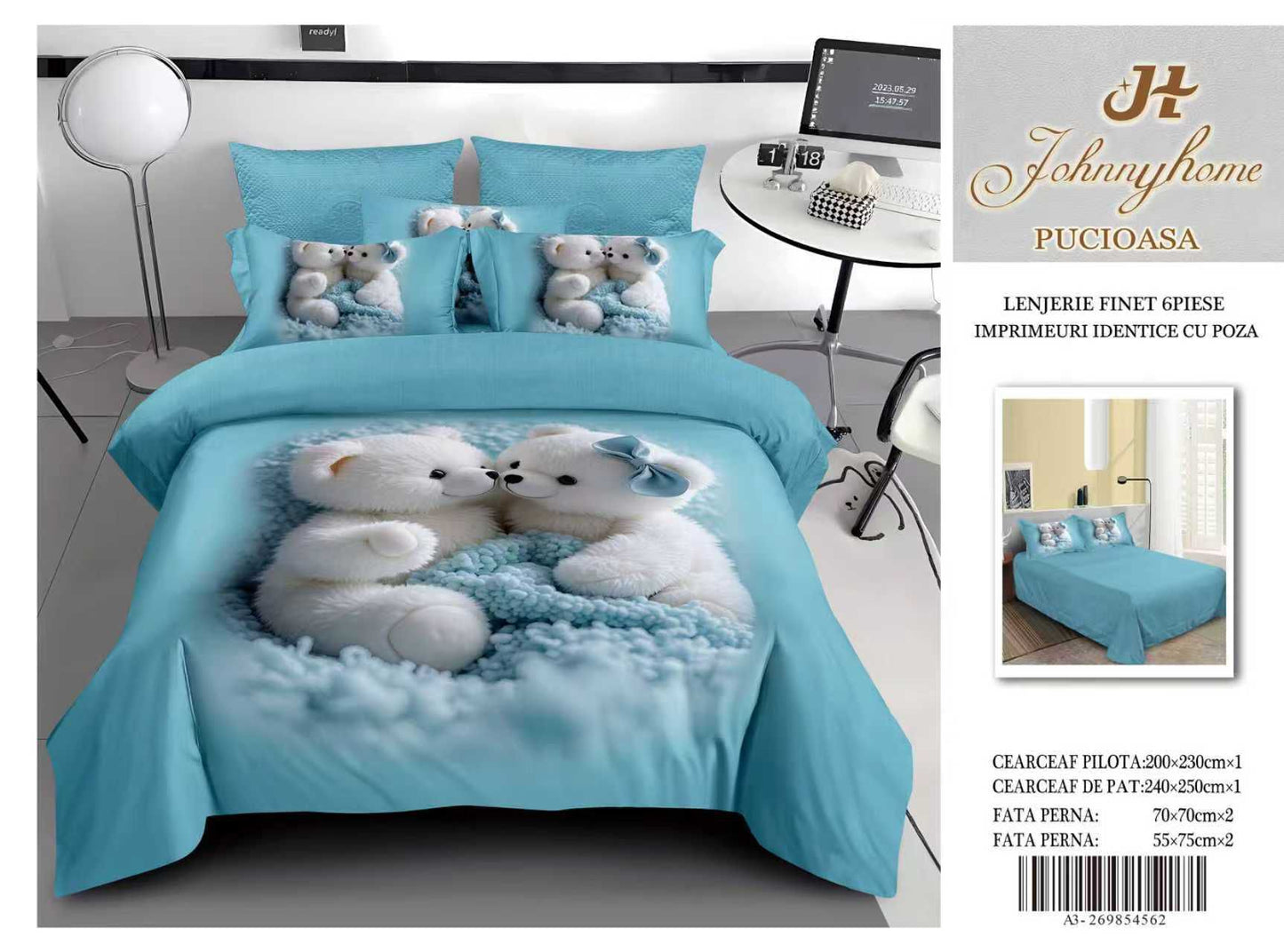 Lenjerie 5D Finet 6 Piese, Imprimeu Identic cu Poza, Ursuleti-H9648
