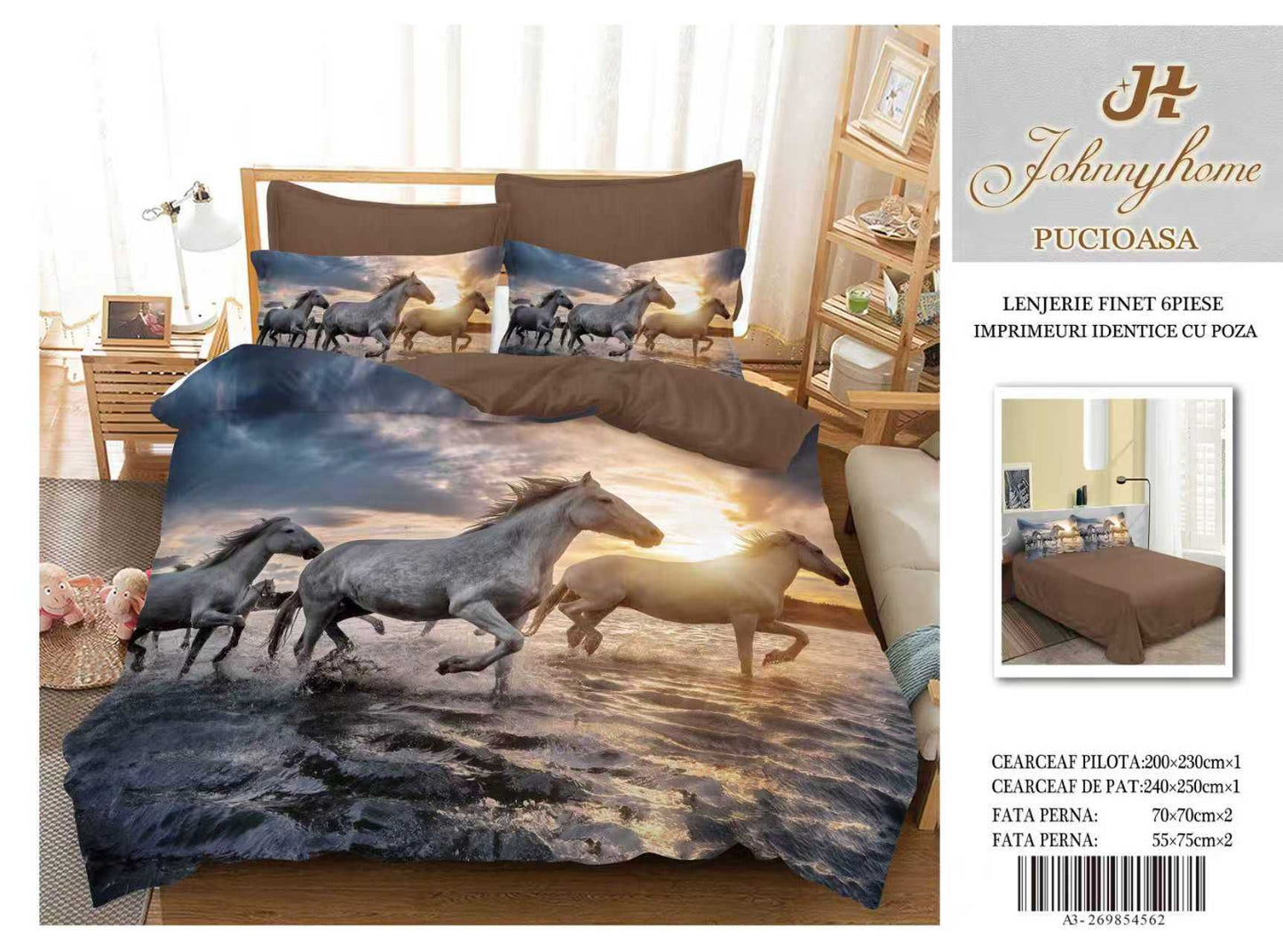 Lenjerie 5D Finet 6 Piese, Imprimeu Identic cu Poza, Cai-H9649