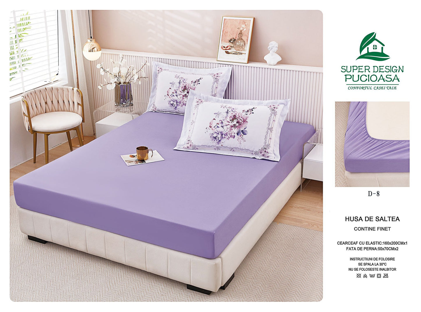 Husa de Pat cu Elastic, din Finet, 160x200cm+2 Fete de Perna, Lila-V10460