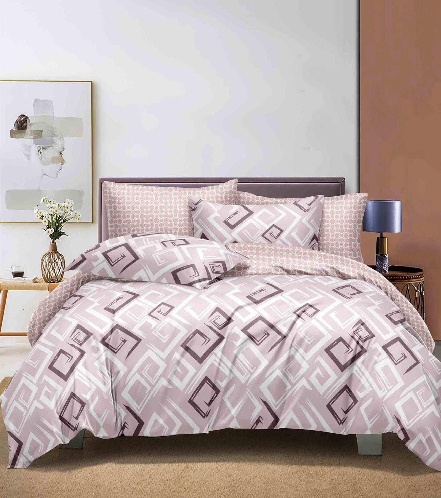 Lenjerie Pat Dublu din Finet, 6 Piese, Roz/Alb-D8589