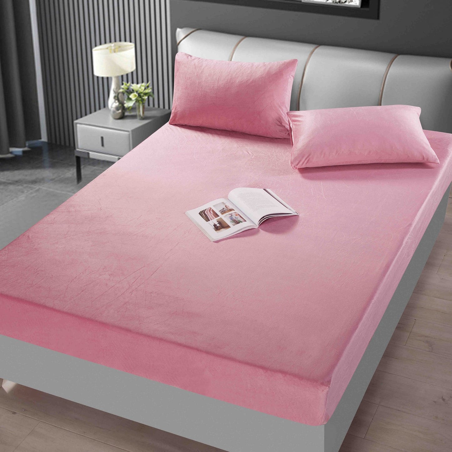 Husa de Pat cu Elastic+2 fete de perna, din Catifea, 180x200cm, Roz-C5616