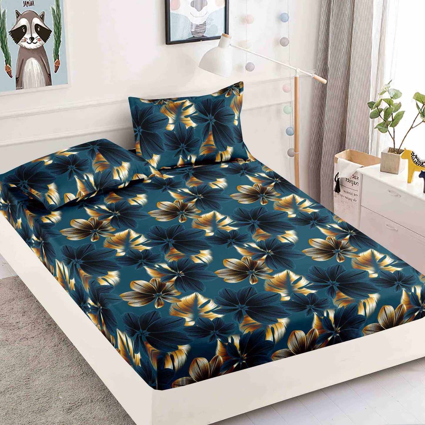 Husa de Pat cu Elastic, Din Finet, 180x200cm+2 fete de perna, Bleumarin/Auriu-C6491