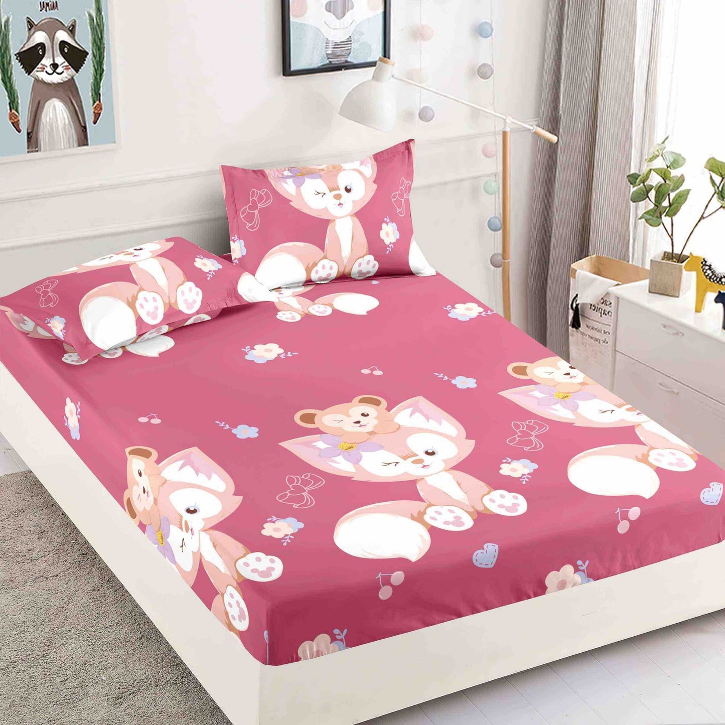 Husa de Pat cu Elastic, Din Finet, 180x200cm+2 fete de perna, Roz/Vulpite-C6485