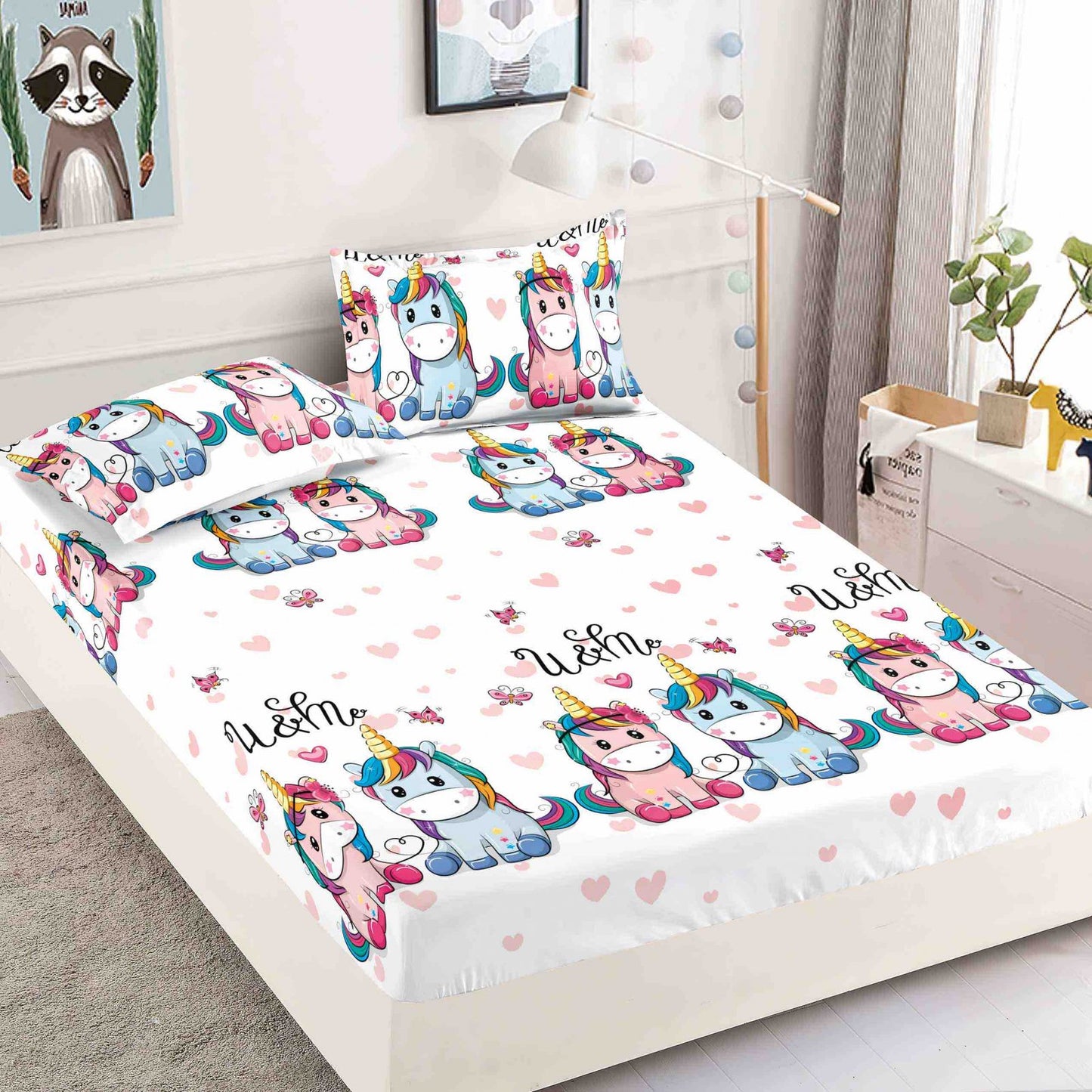 Husa de Pat cu Elastic, Din Finet, 180x200cm+2 fete de perna, Unicorni-C7526