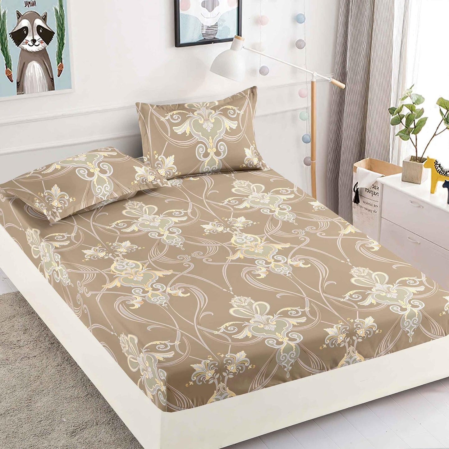 Husa de Pat cu Elastic, Din Finet, 180x200cm+2 fete de perna, Bej-C6378