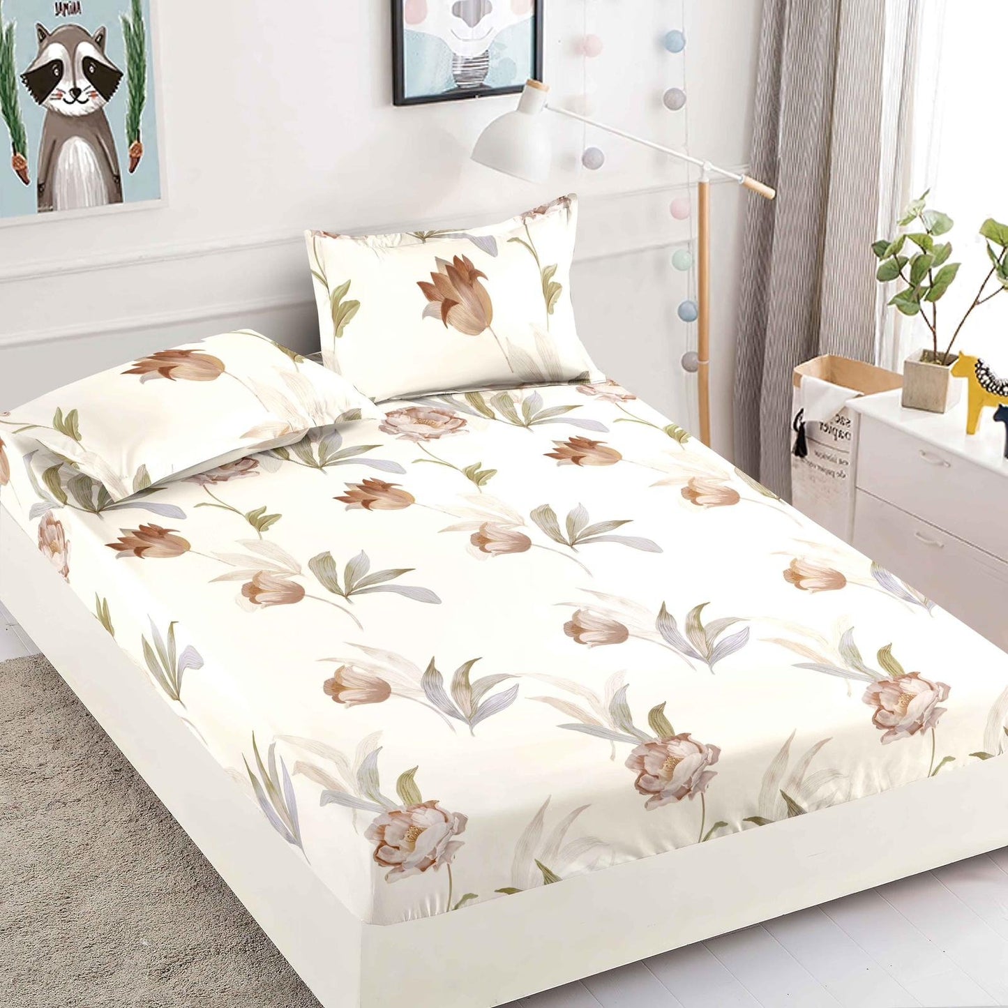 Husa de Pat cu Elastic, Din Finet, 180x200cm+2 fete de perna, Crem/Flori-C6425