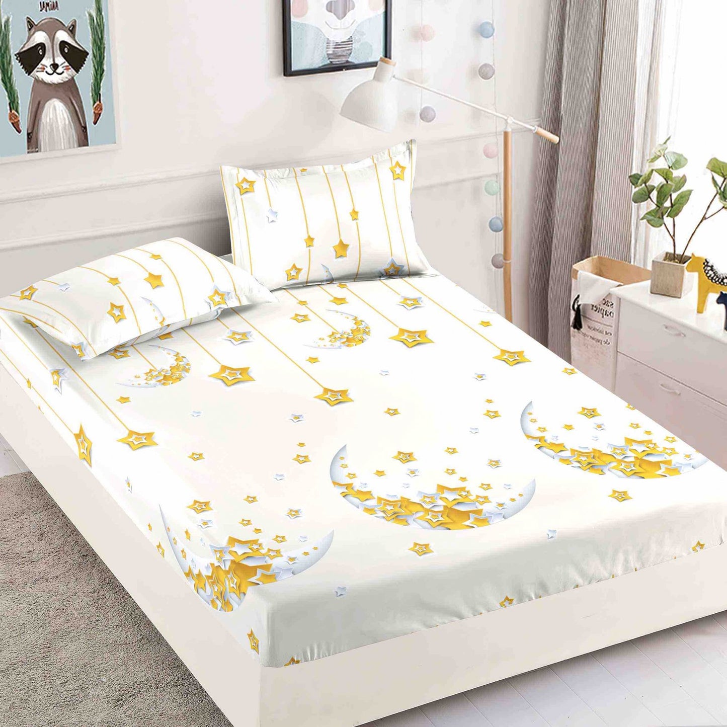 Husa de Pat cu Elastic, Din Finet, 180x200cm+2 fete de perna, Luna/Stele-C6486