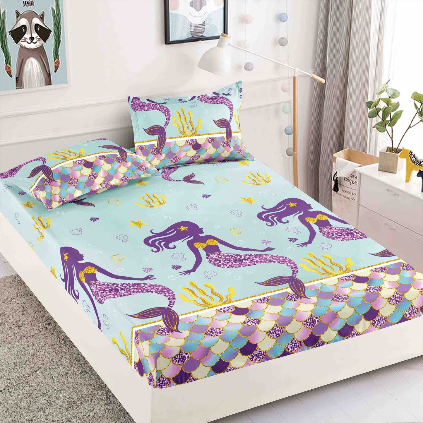 Husa de Pat cu Elastic, Din Finet, 180x200cm+2 fete de perna, Sirene-C7528