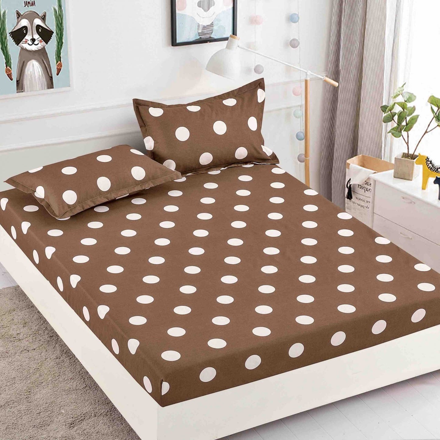 Husa de Pat cu Elastic, Din Finet, 180x200cm+2 Fete de perna, Maro/Buline-C5797