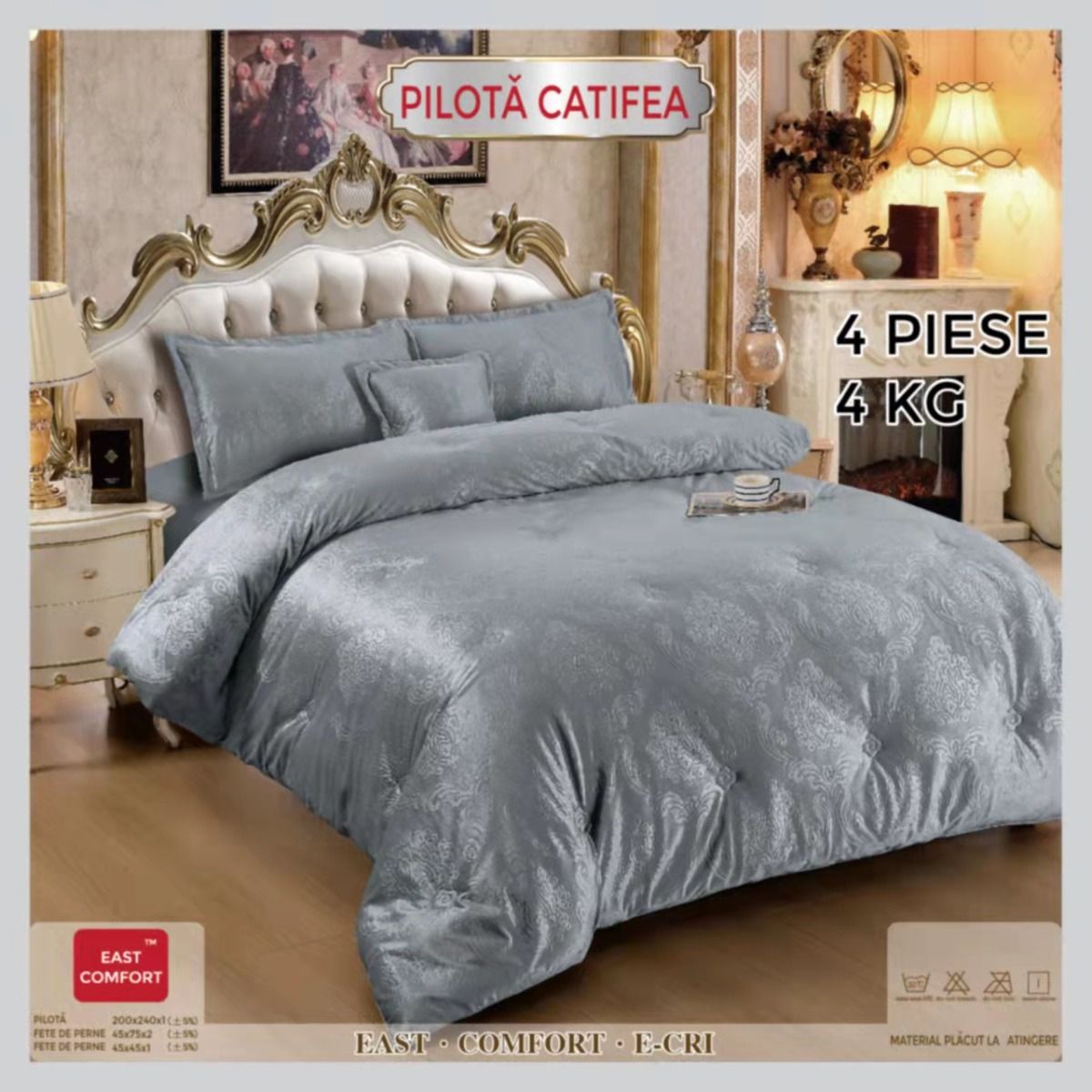 Pilota Premium din Catifea, 200x230, Umplutura din Puf Siliconic+3 Fete de Perna, Gri-D9353