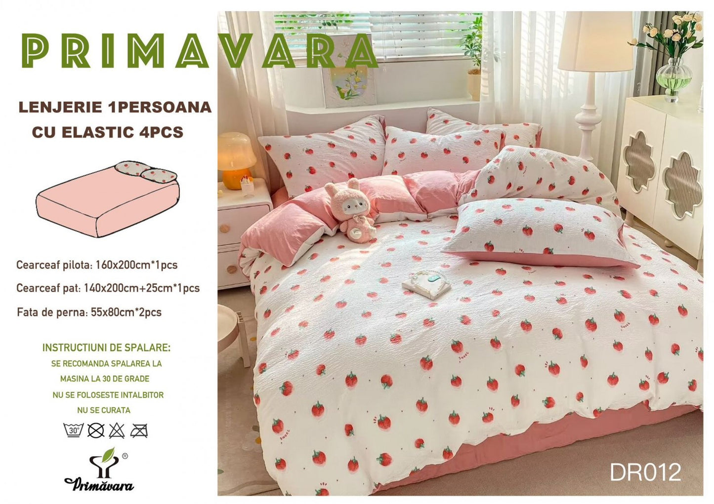 Lenjerie 4 Piese 1 Persoana, cu Elastic, din Bumbac Creponat, Roz/Capsune-P6671