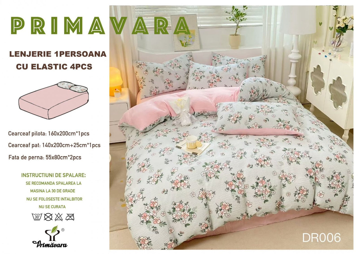 Lenjerie 4 Piese 1 Persoana, cu Elastic, din Bumbac Creponat, Floricele-P6662