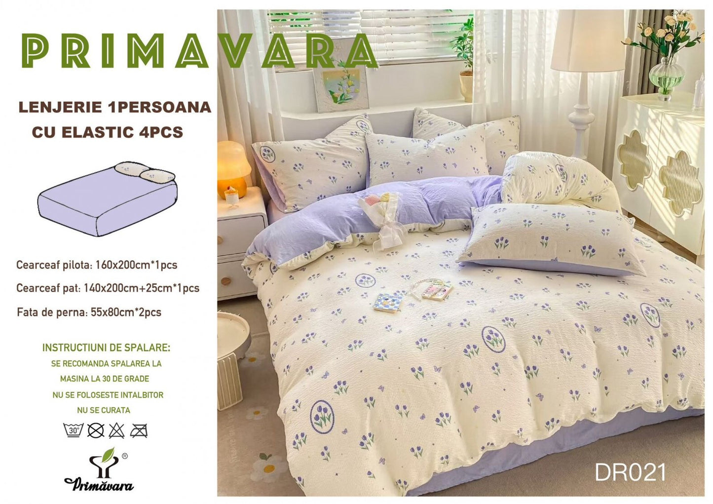 Lenjerie 4 Piese 1 Persoana, cu Elastic, din Bumbac Creponat, Lila/Lalele-P6656