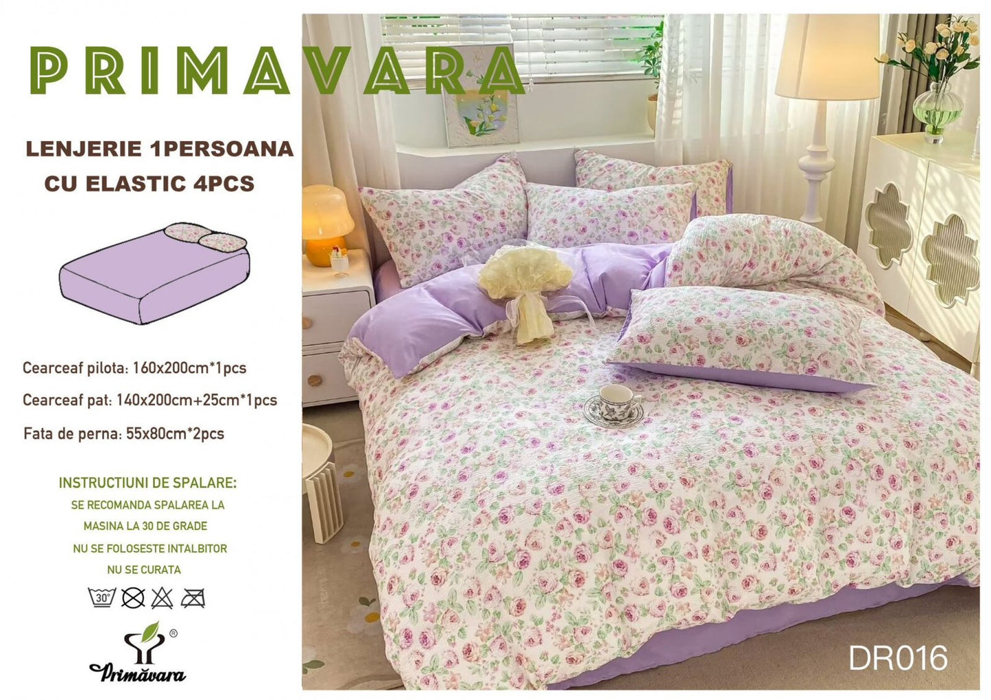 Lenjerie 4 Piese 1 Persoana, cu Elastic, din Bumbac Creponat, Lila/Floricele-P6659