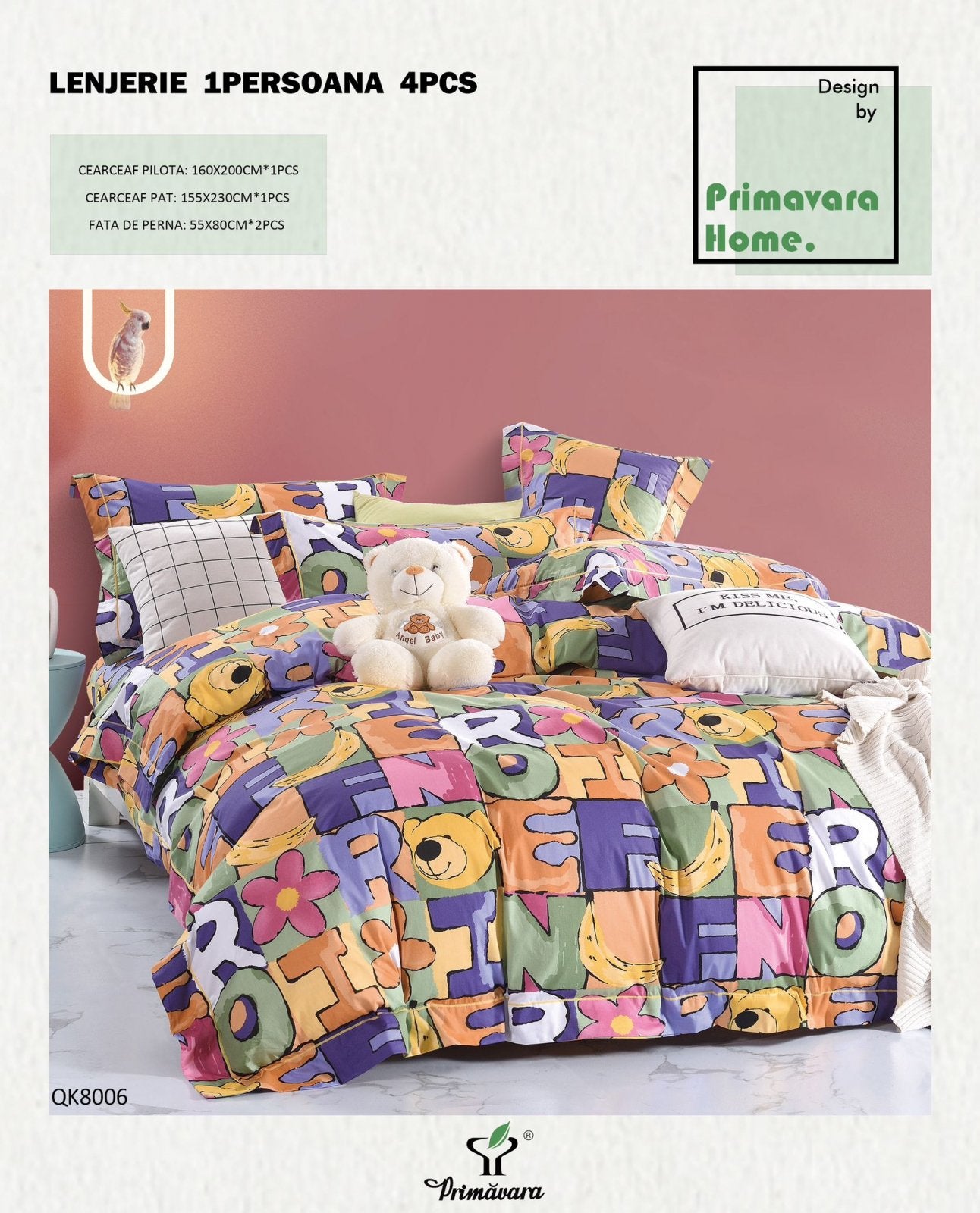 Lenjerie Bumbac 100%, 4 Piese, 1 Persoana, Desene-P7469