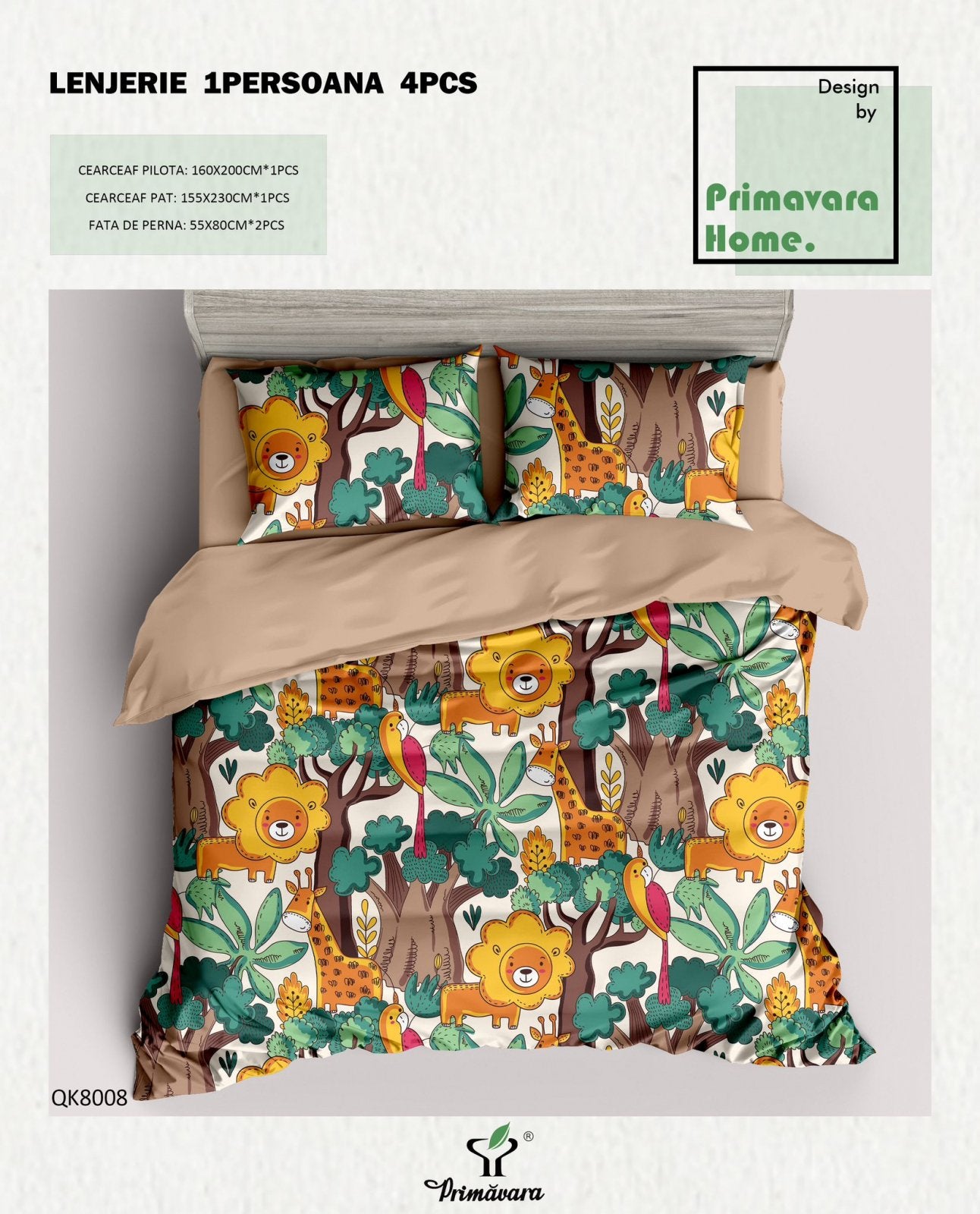 Lenjerie Bumbac 100%, 4 Piese, 1 Persoana, Lei/Girafe-P7462