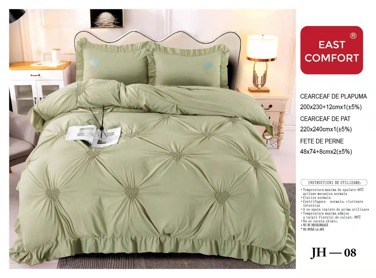 Lenjerie Bumbac Finetat Soft Touch, 4 Piese cu Inimi Brodate, Verde-D5417