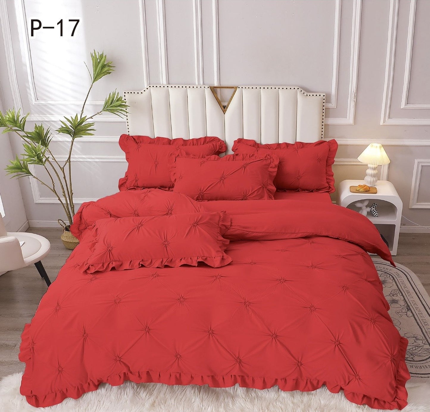 Lenjerie Bumbac 4 Piese cu Volanase si Pliuri Brodate, Rosu-SEP5663