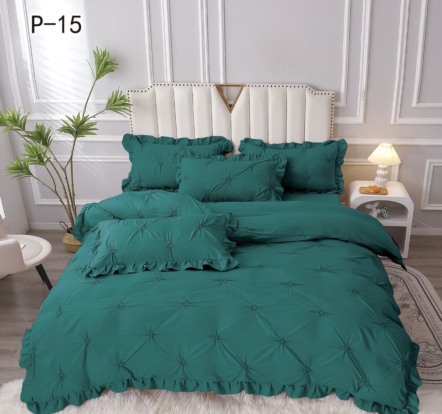 Lenjerie Bumbac 4 Piese cu Volanase si Pliuri Brodate, Verde-SEP5670