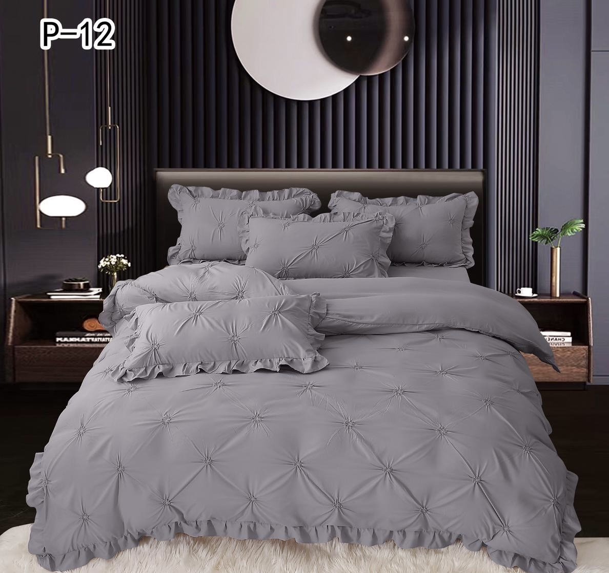 Lenjerie Bumbac 4 Piese cu Volanase si Pliuri Brodate, Gri-SEP5668