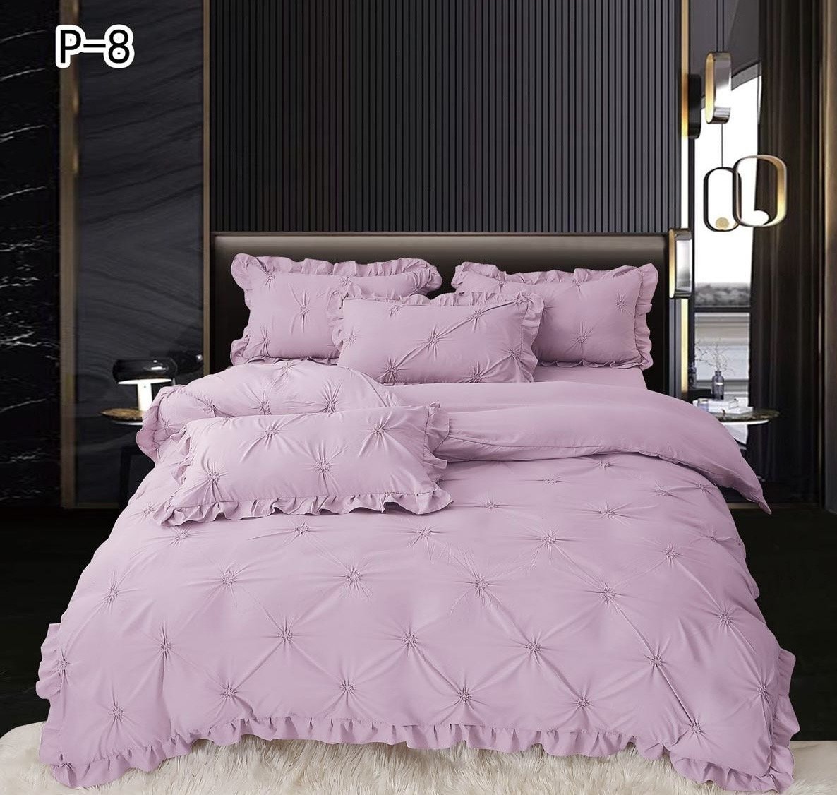 Lenjerie Bumbac 4 Piese cu Volanase si Pliuri Brodate, Roz Deschis-SEP5673