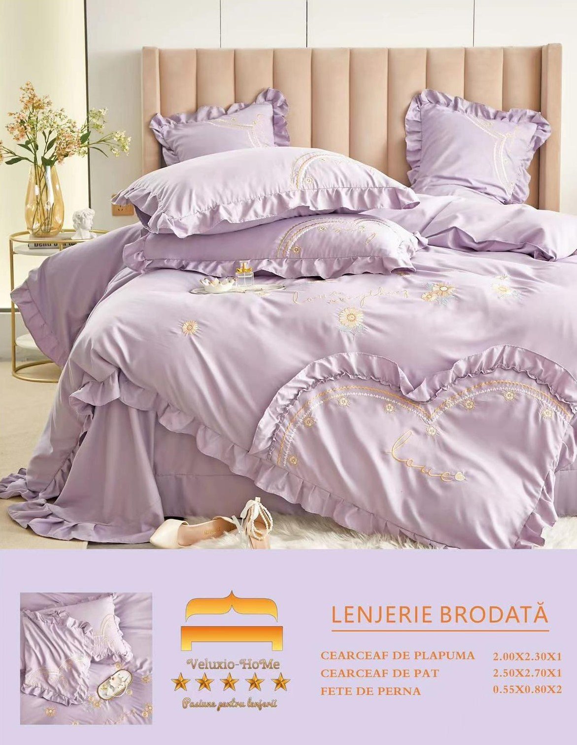 Lenjerie Bumbac Finetat Premium 4 Piese cu Volanase si Broderie, Lila-M6212