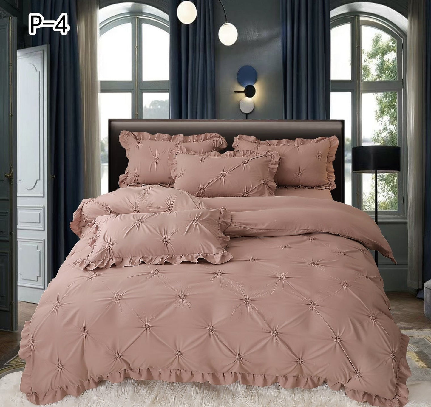 Lenjerie Bumbac 4 Piese cu Volanase si Pliuri Brodate, Bej-SEP5664