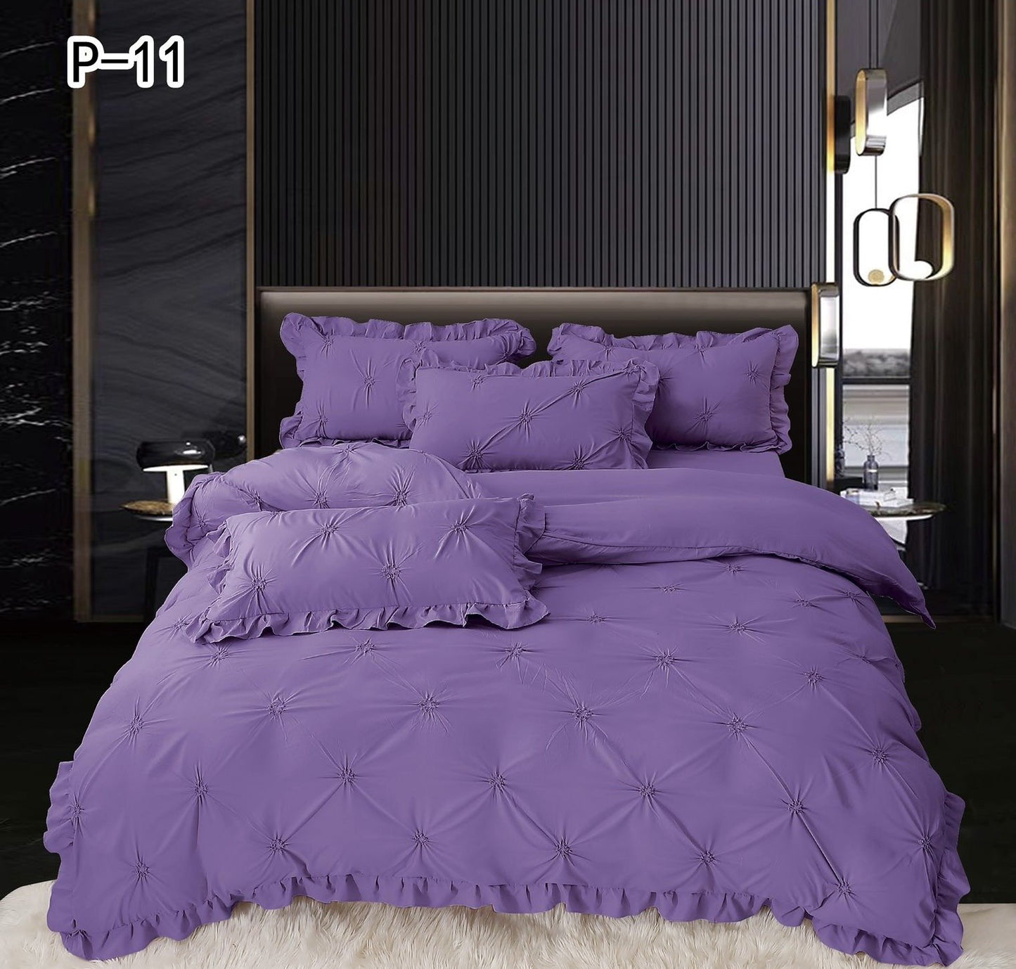 Lenjerie Bumbac 4 Piese cu Volanase si Pliuri Brodate, Mov-SEP5665