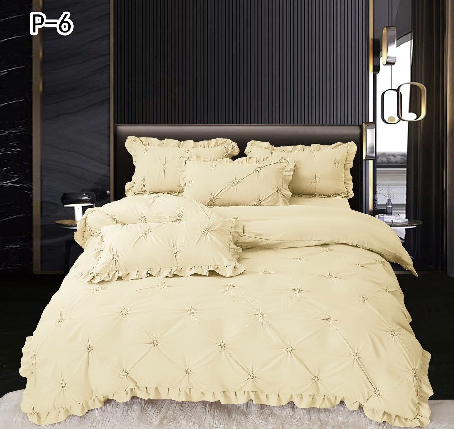 Lenjerie Bumbac 4 Piese cu Volanase si Pliuri Brodate, Galbui-SEP5672