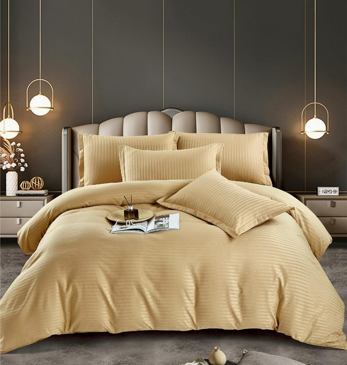 Lenjerie Bumbac Damasc 4 Piese,1 Persoana,Mustar-C5073