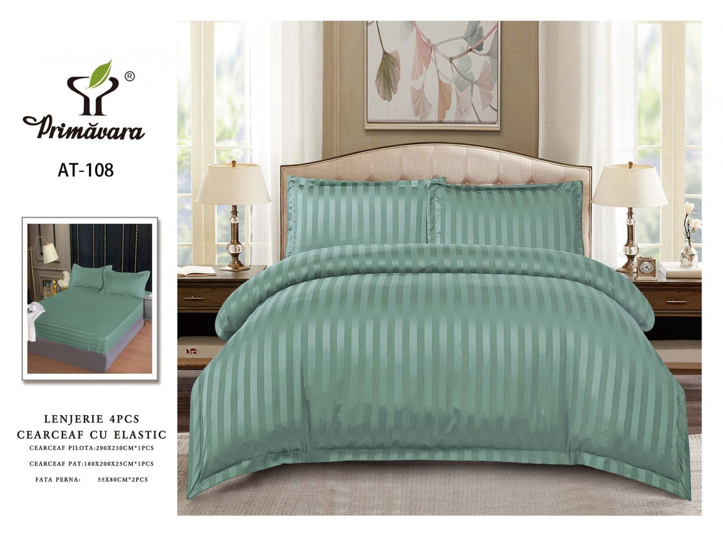 Lenjerie Bumbac Damasc 4 Piese cu Elastic, Verde Menta, Uni-P5281