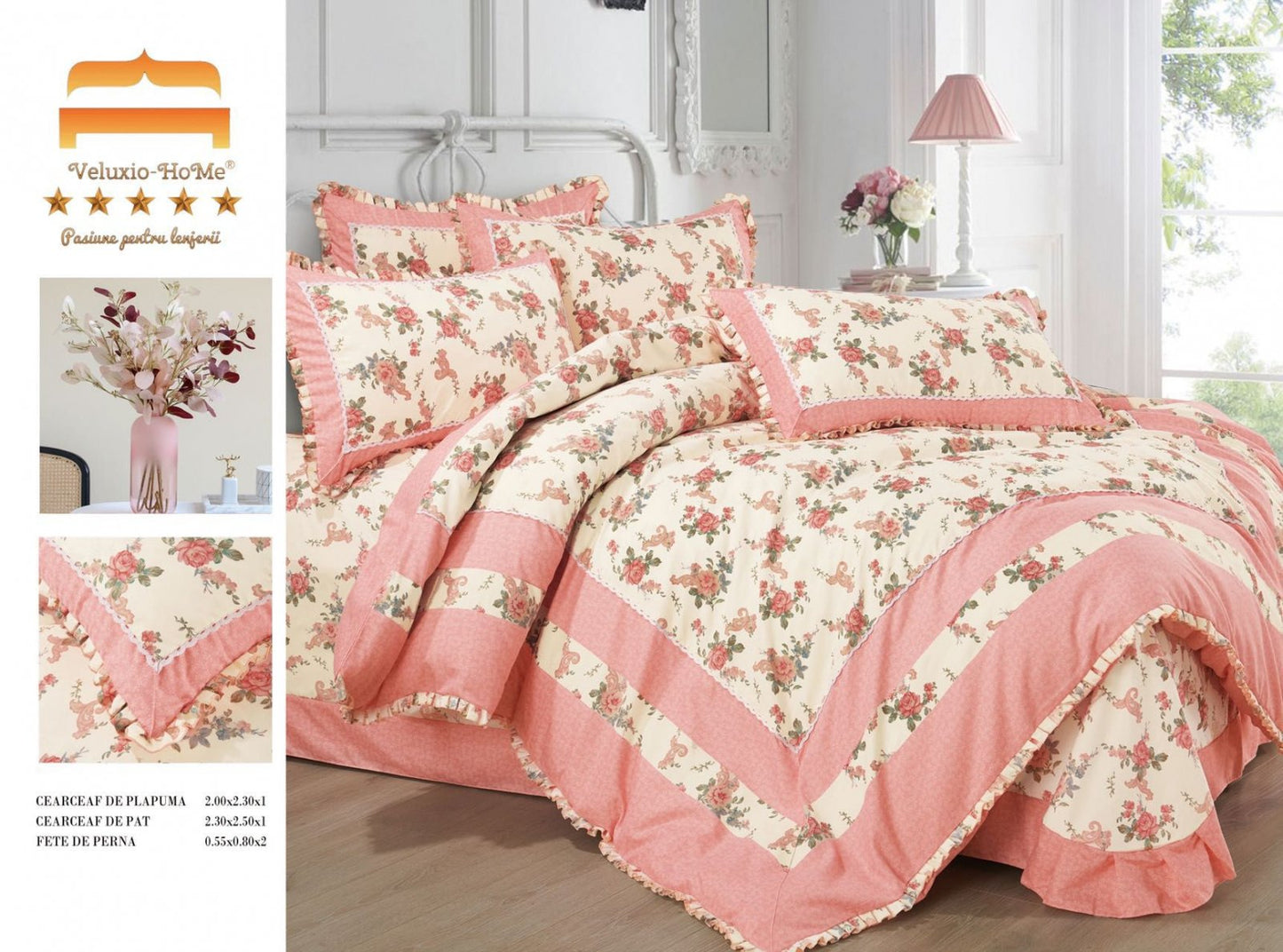 Lenjerie Bumbac Finet Premium 4 Piese cu Volanase, Corai/Crem/Flori-M4663