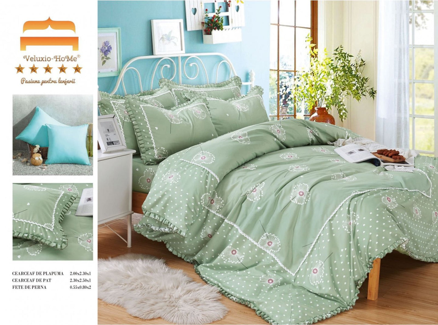 Lenjerie Bumbac Finet Premium 4 Piese cu Volanase, Verde Inchis/Inimi-M4655