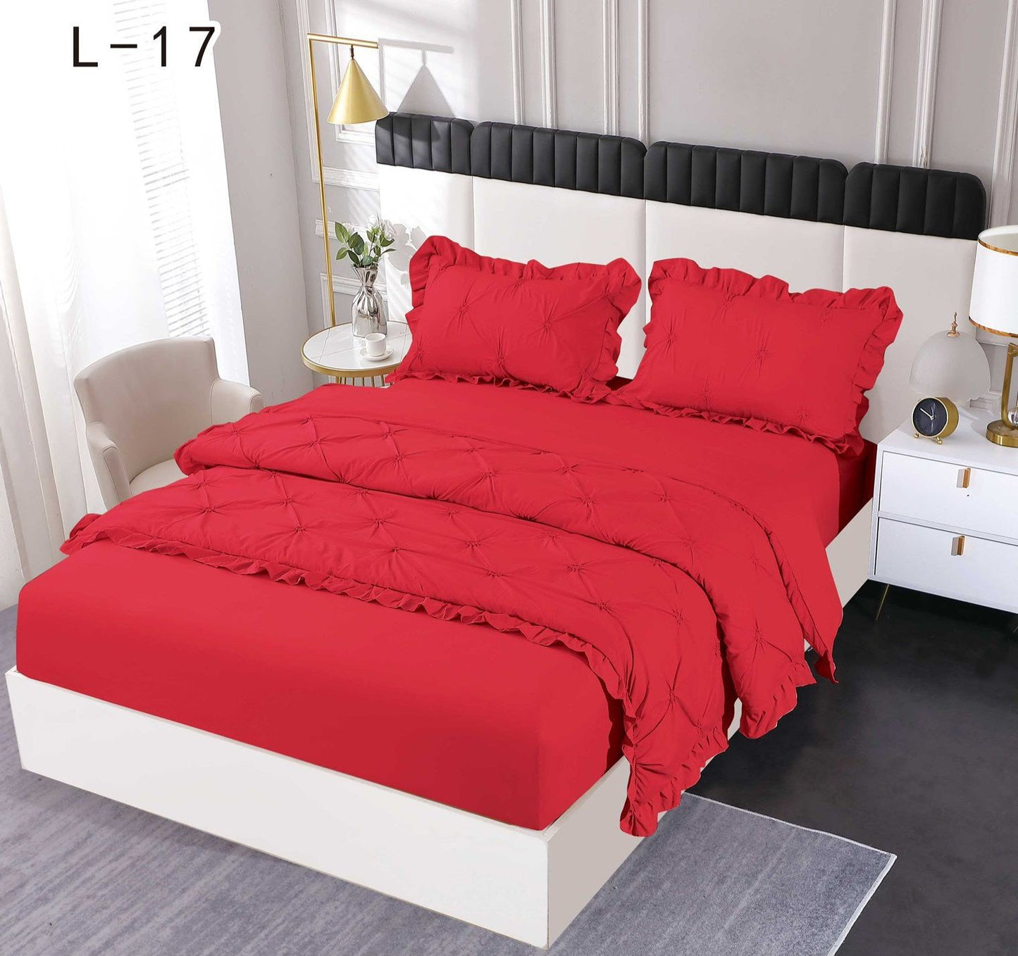 Lenjerie Bumbac Finetat 4 Piese cu Elastic, cu Volanase si Pliuri Brodate, Rosu-SEP6246