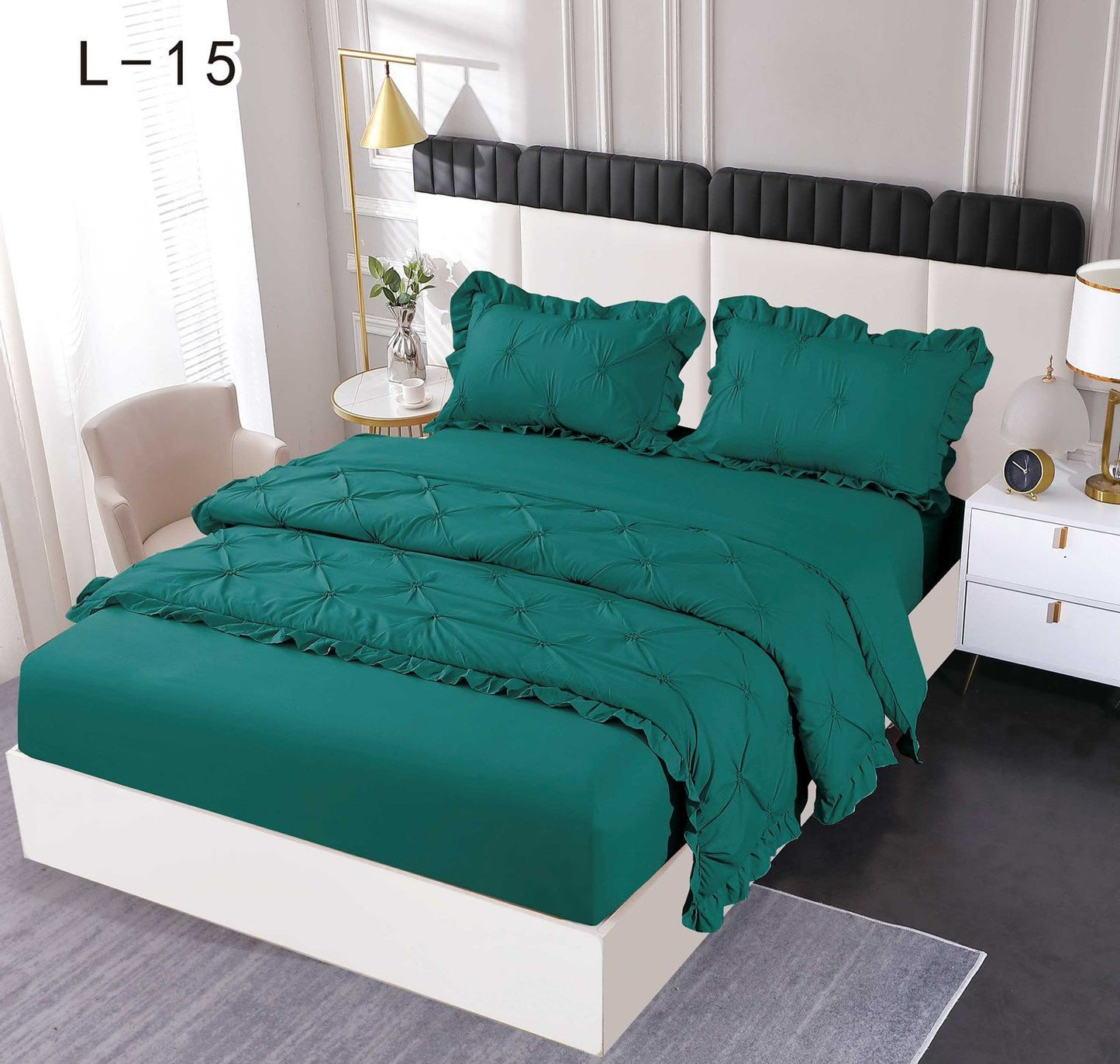 Lenjerie Bumbac Finetat 4 Piese cu Elastic, cu Volanase si Pliuri Brodate, Verde-SEP6245