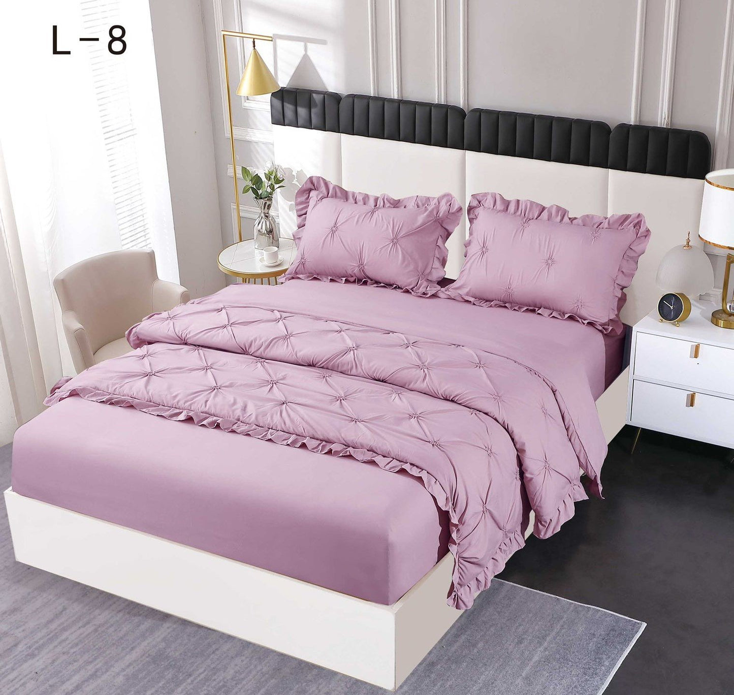 Lenjerie Bumbac Finetat 4 Piese cu Elastic, cu Volanase si Pliuri Brodate, Lila-SEP6250