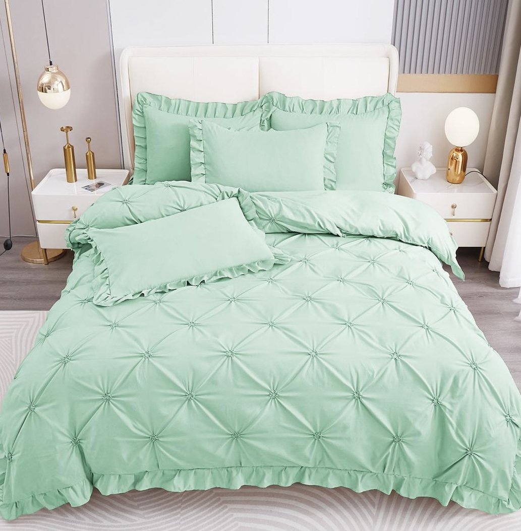 Lenjerie Bumbac Finetat 4 Piese cu Pliuri si Volanas, Verde Deschis-V4916