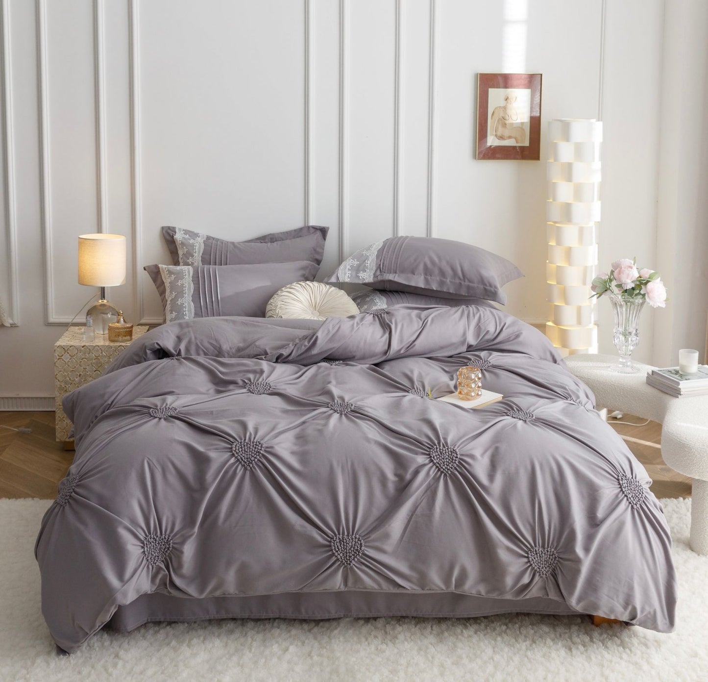 Lenjerie Bumbac Finetat Premium, Soft Touch, 6 Piese, cu Inimi Brodate, Gri Deschis