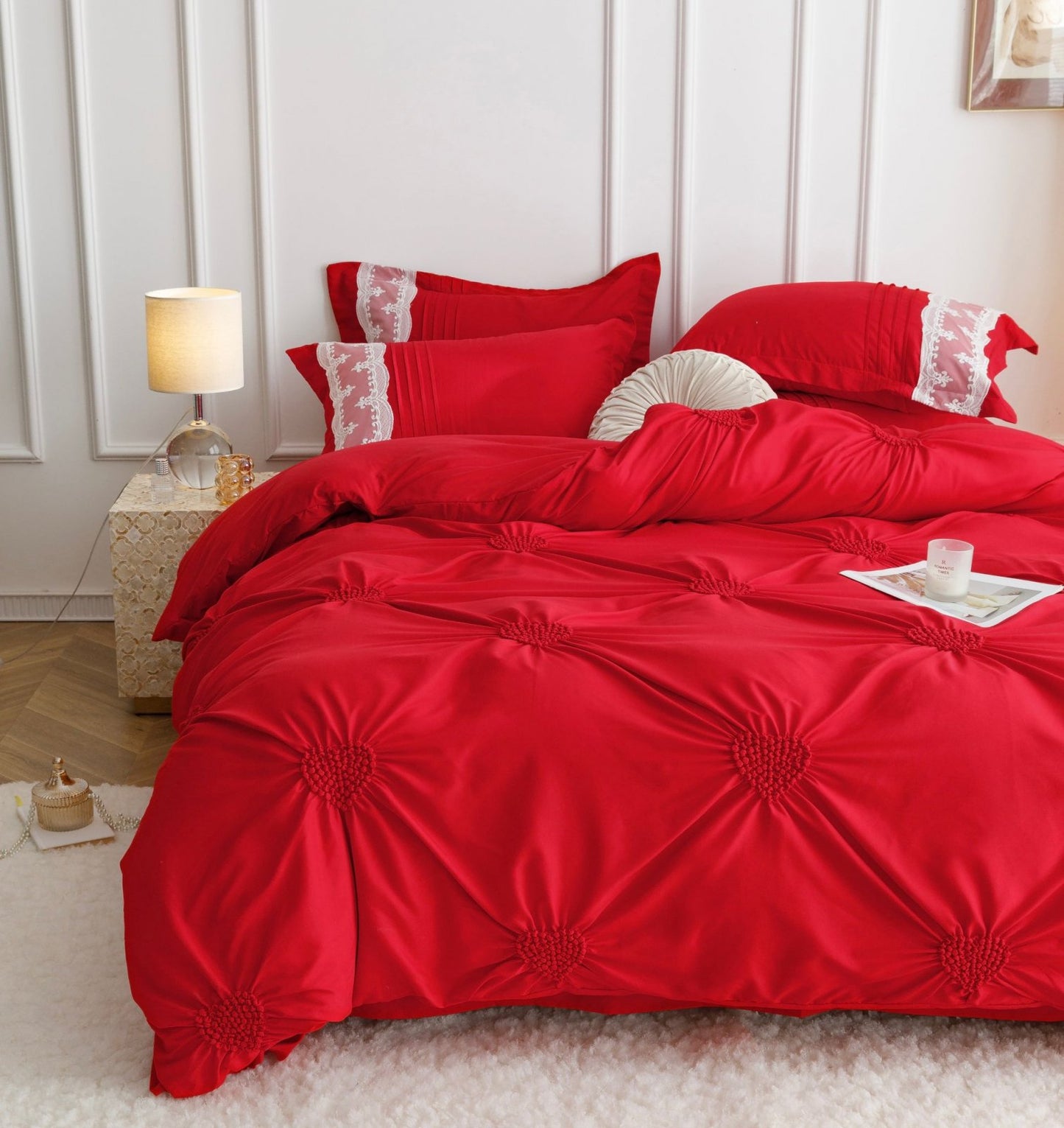 Lenjerie Bumbac Finetat Premium, Soft Touch, 6 Piese, cu Inimi Brodate, Rosu