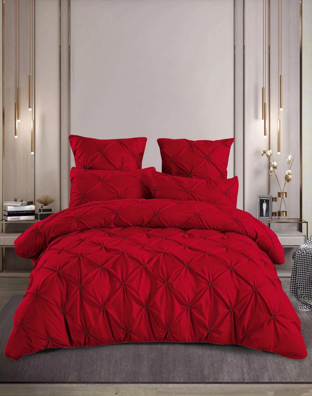 Lenjerie Bumbac Premium 6 Piese, cu Pliuri Brodate, Rosu-M4488