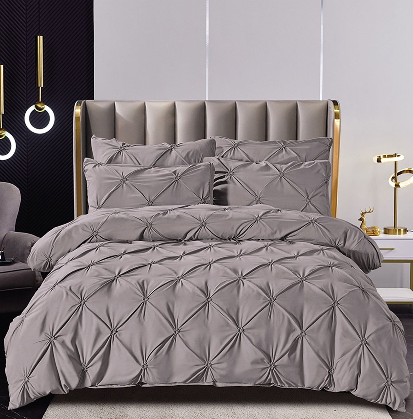 Lenjerie Bumbac Finetat Premium, Soft Touch, 6 Piese, cu Pliuri Brodate, Gri-C3987