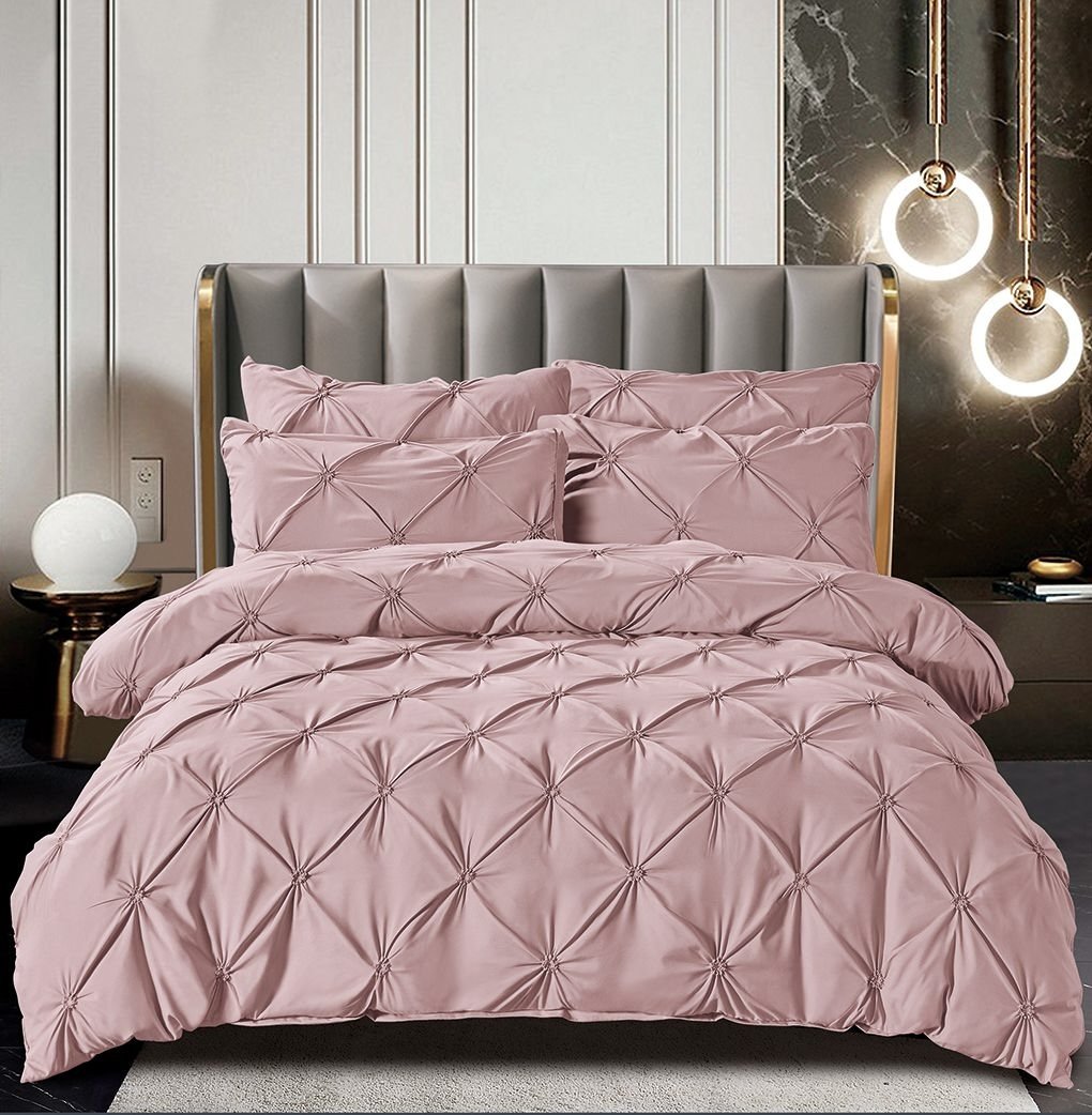 Lenjerie Bumbac Finetat Premium, Soft Touch, 6 Piese, cu Pliuri Brodate, Roz Pudra-C3028