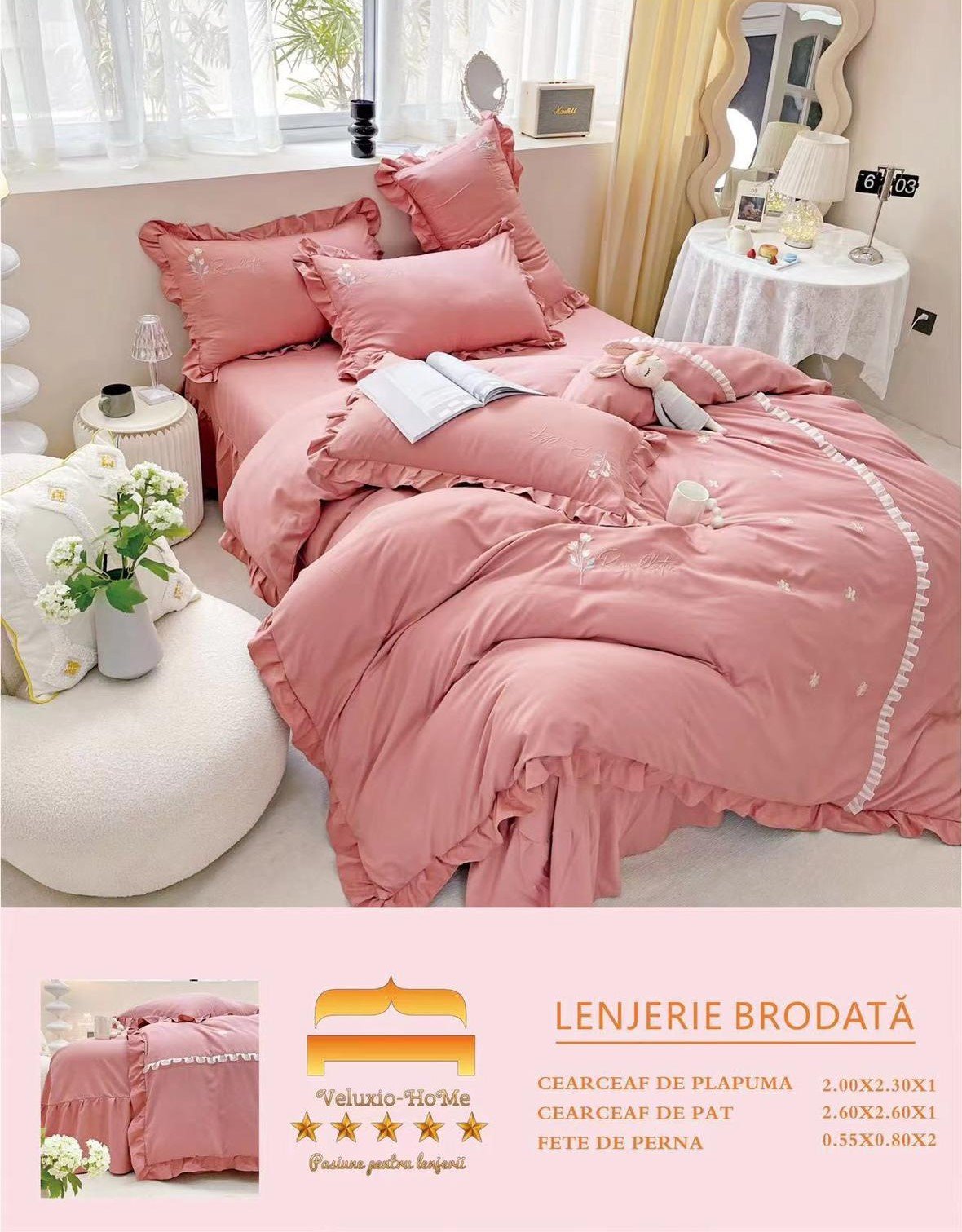 Lenjerie Bumbac Finetat Premium 4 Piese cu Volanase si Broderie, Corai-M6225