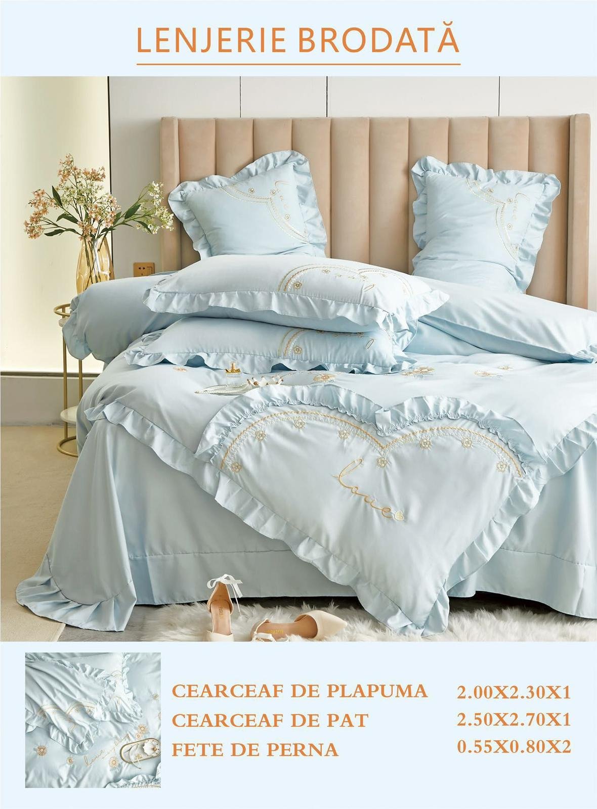 Lenjerie Bumbac Finetat Premium 4 Piese cu Volanase si Broderie, Bleu-M6213