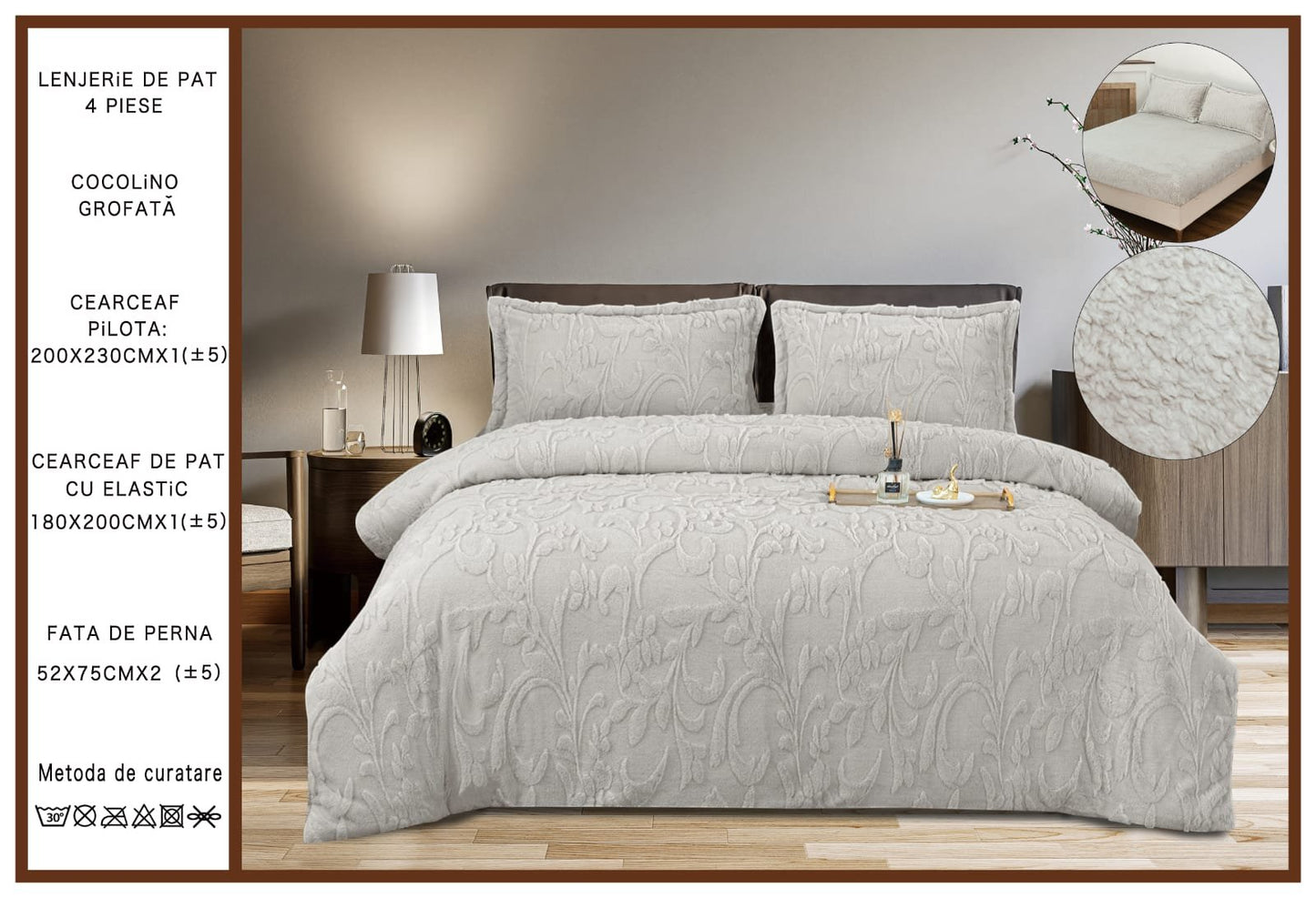 Lenjerie Cocolino Grofata, cu Blanita, 4 Piese, Cearceaf pat cu Elastic, Gri Deschis-A7095