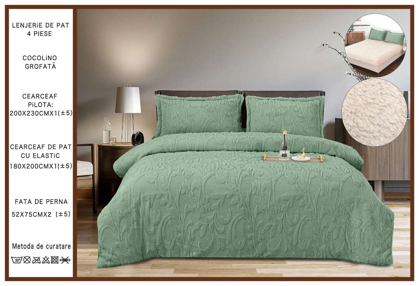 Lenjerie Cocolino Grofata, cu Blanita, 4 Piese, Cearceaf pat cu Elastic, Verde Fistic-A7097