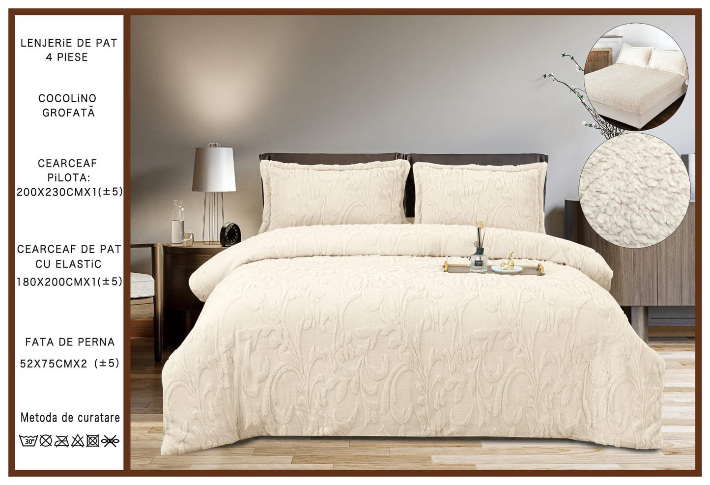 Lenjerie Cocolino Grofata, cu Blanita, 4 Piese, Cearceaf pat cu Elastic, Crem-A7100