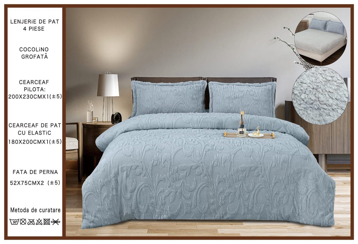 Lenjerie Cocolino Grofata, cu Blanita, 4 Piese, Cearceaf pat cu Elastic, Gri Albastrui-A7098