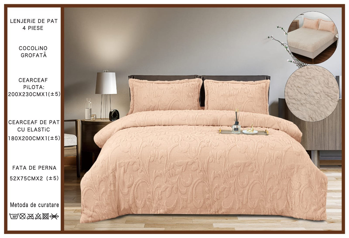 Lenjerie Cocolino Grofata, cu Blanita, 4 Piese, Cearceaf pat cu Elastic, Caisa-A7099