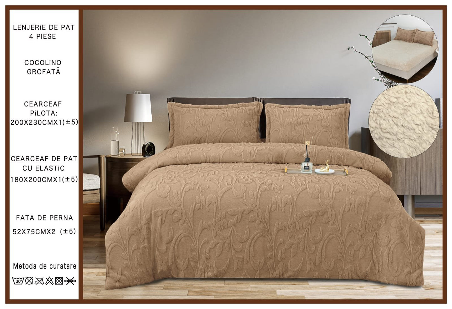 Lenjerie Cocolino Grofata, cu Blanita, 4 Piese, Cearceaf pat cu Elastic, Maro-A7096